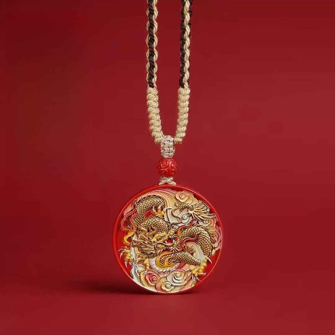Cinnabar Dragon Talisman Pendant - Hand-Painted & Micro-Carved Spiritual Jewelry (38.5mm|5.5mm)